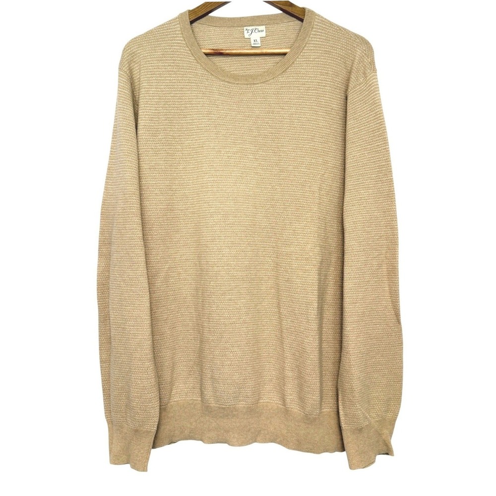 J Crew Cotton Pique-Stitch Crewneck Sweater Mens XL Heather Tan Knit Long Sleeve